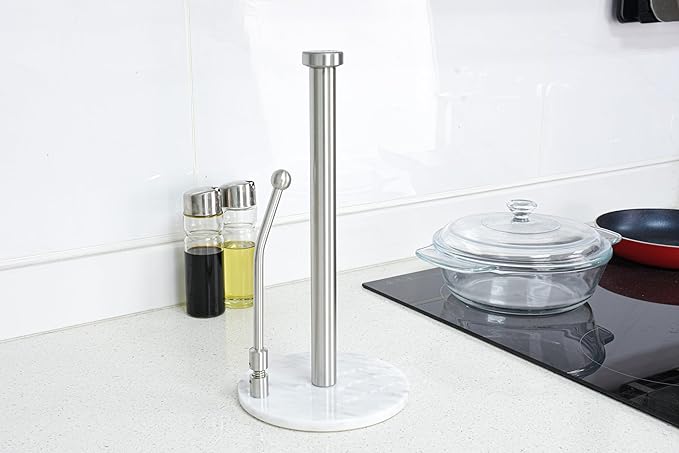 Paper Towel Holder with Marble Base – Heavy Weighted Countertop Holder, Stainless Steel Stand with Natural Stone Base, Modern Kitchen Paper Towel Dispenser