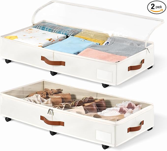 6 Inches Under Bed Storage with Wheels Pack of 2, Underbed Shoe Storage Container Bin with Clear Lid Cover, Rolling Under Bed Drawer Storage Bag Basket for Shoe Organizer Sheet Sweater - White