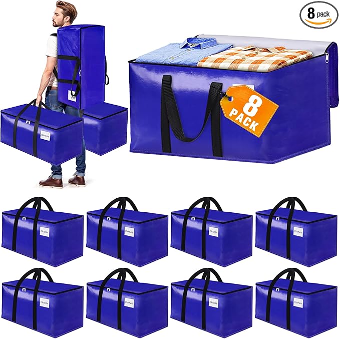 8-Pack Moving Bags with Backpack Straps & Carry Handles, 30 Gallons-125 L Heavy Duty Storage Totes for Space Saving, Foldable Storage Bags for College Dorm, Travel, Camping (Blue)