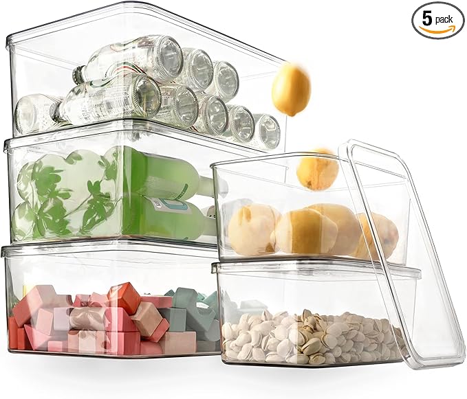 Sgoostood Clear Storage Bins With Lids,5 Packs Food Storage Organizer,Cabinet Storage Basket for Clothing, Towels, Cosmetics, Kitchen Storage Containers,Transparent Pantry Containers (3L+2S)