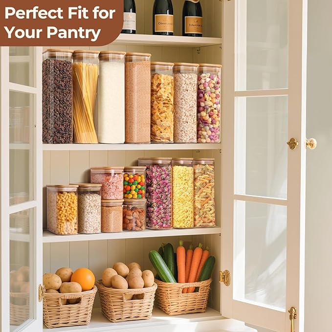 ComSaf 0.7 Qt Rectangle Glass Storage Containers with Lids, Glass Jars with Bamboo Lids, Clear Food Jar, Sugar Coffee Containers, Small Pantry Storage Container for Tea Candy Nuts Spices Oat