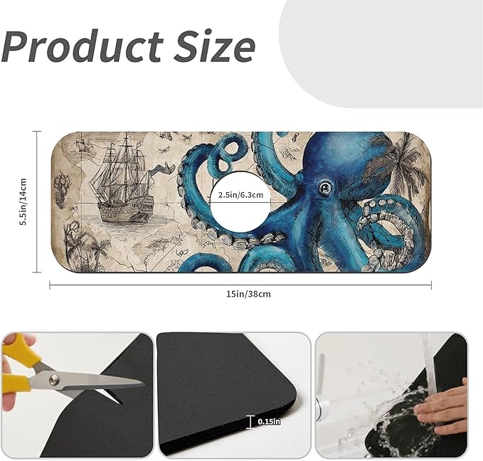 Kitchen Sink Splash Guard，Blue octopus and map Faucet Mat Sink Gadgets-Super Absorbent Fast Drying Mat Drip Catcher for Kitchen, Bathroom,Sink Mat, Dish Drying Mat, Bathroom(15" X 5.5" )