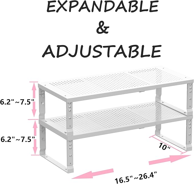 Asiingkel Metal Stackable Expandable Storage Shelf - Multi-Functional Home Storage Shelf, Suitable for Kitchen, Cabinet，Bathroom, Office, Garage, etc.（2PACKS/White/Large