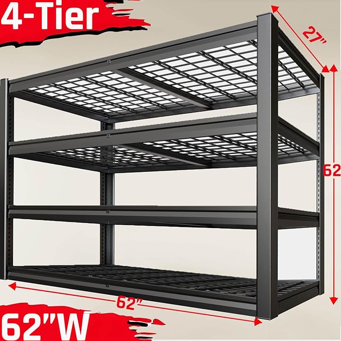 62" Wide Heavy Duty Garage Shelving Units, 27" D 4-Tier Deep Storage Shelves,Black Metal Garage Shelves,Steel Shelf,Large Storage Rack,Industrial Shelving for Shop, 62" W x 27" D x 62" H