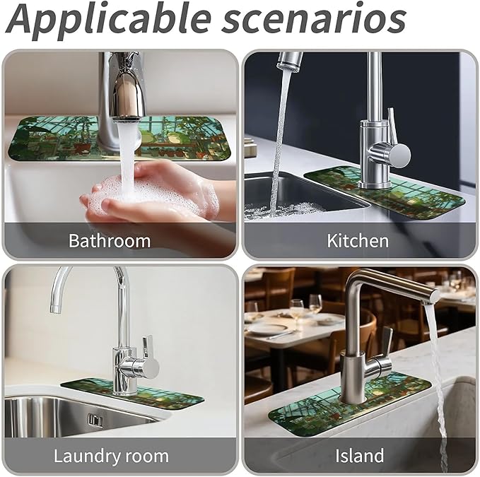 Kitchen Sink Splash Guard，cute cartoon frogs plants Faucet Mat Sink Gadgets-Super Absorbent Fast Drying Mat Drip Catcher for Kitchen, Bathroom,Sink Mat, Dish Drying Mat, Bathroom(15" X 5.5" )
