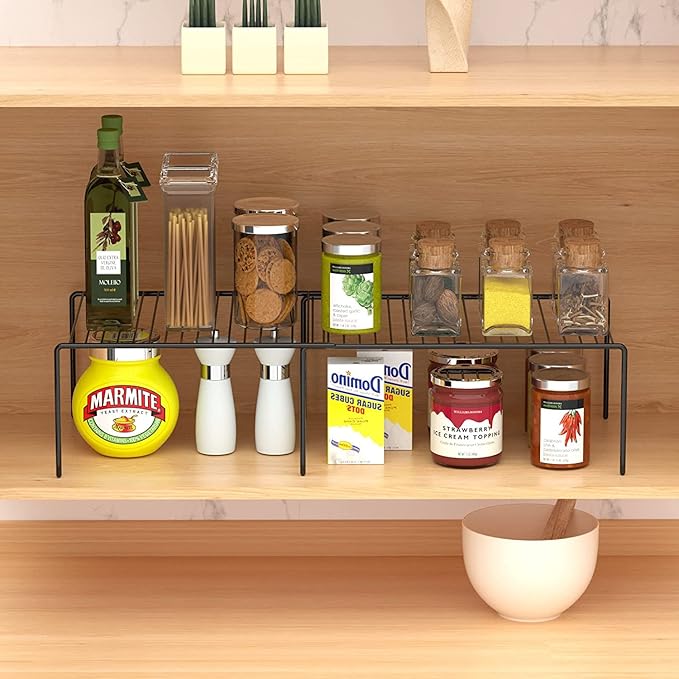 GEDLIRE Kitchen Cabinet Expandable Shelf Organizers Set of 6, Adjustable Metal Wire Pantry Storage Shelves, Plate Dish Organizer Rack for Cabinets, Cupboard, Counter, Freezer, Countertop, Black