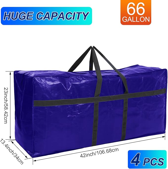 Windyun 4 Pack 57 Gallon Extra Large Moving Bags XXL Heavy Duty Storage Bag with Strong Zipper Handle Jumbo Big Tote Box Foldable for College Dorm Travel Clothes Duffle Blanket Pillow(Navy Blue)