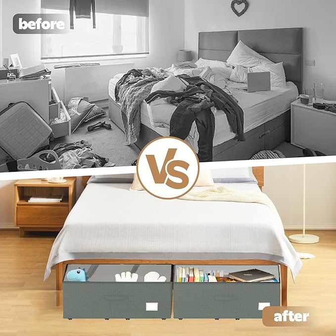 Under Bed Storage with Wheels, 2-Pack Under Bed Storage Containers, No Assemble Required 10 inches Height, Rolling underbed storage Drawers, Underbed Storage Bins for Shoes, Clothes, Blankets, Toys