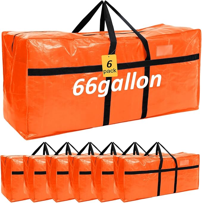 6 Pcs 66 Gallon Extra Large Moving Bags Heavy Duty Storage Bag with Strong Zipper Handle Foldable XXL Jumbo Storage Tote Packing Moving Box for College Dorm Travel Cloth Duffle (Orange)