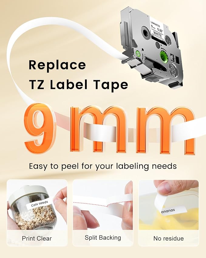 TZe-221 9mm 0.35 Laminated White Tape Replace for Brother P-Touch Label Tape 9 mm TZe Tz Black on White TZe221 AZe-221 for PT-D210 D200 1190 1750 Label Maker Refills 3/8 Inch, 6-Pack
