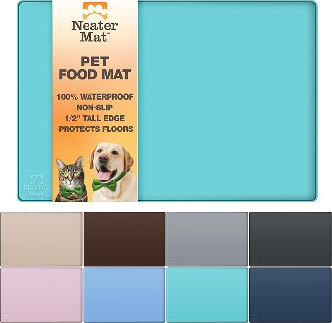Neater Pet Brands Neater Mat Pet Mats for Food and Water, Cat & Dog Bowl Mat Waterproof Silicone, Feeding Tray, Dog Food Mats for Floors, Placemat w/Raised Edge for Under Bowls, 19” x 12”, Aquamarine