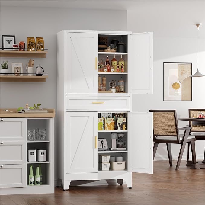 YNIQUESTLE 71" Tall Farmhouse Pantry Cabinet,Metal Cabinet with Adjustable Shelves and Drawer,Storage Cabinet for Kitchen Dining Room Garage,White