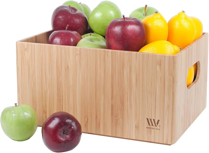 MobileVision Bamboo Storage Box Multi-Purpose Organizer for Kitchen Supplies Holder, Fruit Bin, Cabinets, Pantry with built in handles, stackable, 12” x 9” x 6” With White Clip Included