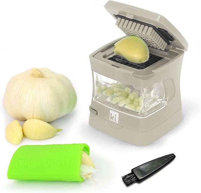 Kitchen Innovations Garlic-A-Peel Garlic Press, Crusher, Cutter, Mincer, and Storage Container - Includes Silicone Garlic Peeler - Easy to Clean - Stainless Steel Blades – (Cream), standard