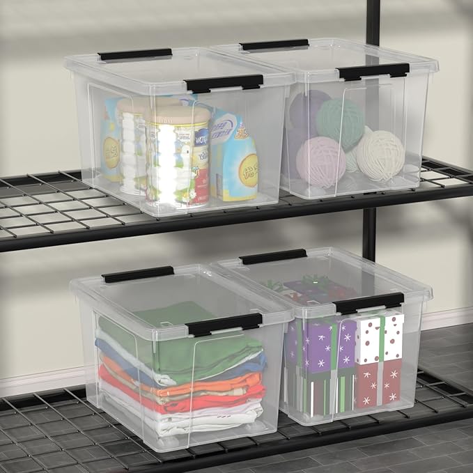 4-Pack 22 Quart Plastic Storage Bins with Wheels, Latching Storage Box Bin, Clear