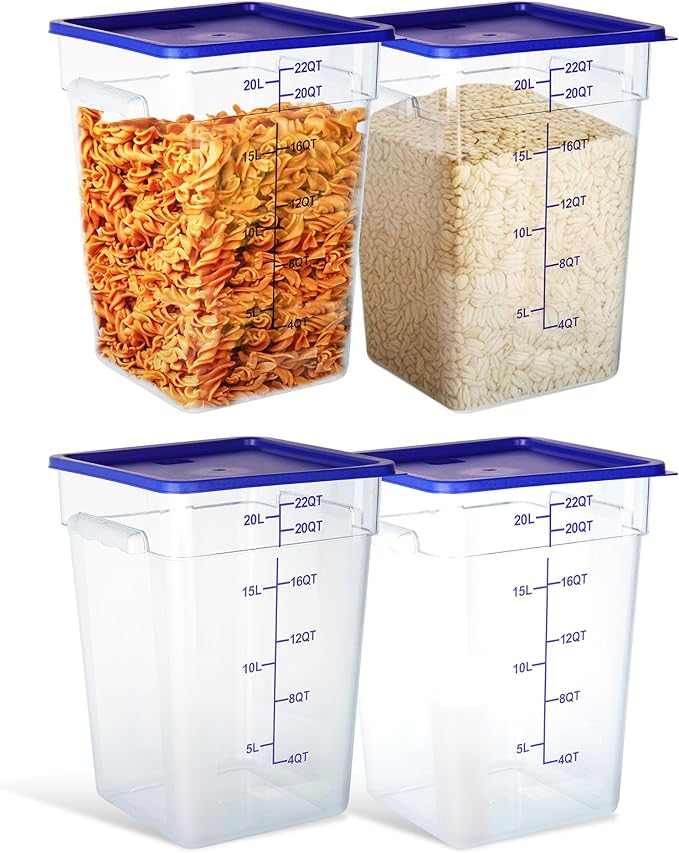 4 Pack 22 Quart Food Storage Containers with Lids, Polycarbonate Square Commercial Food Containers, NSF, Clear, New Version