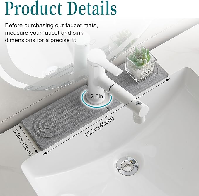 Stone Faucet Mat for Kitchen Sink, kitchen sink splash guard for Bathroom Counter,15.7 Inch Light Grey Diatomite water-Absorbing Drying Stone Mat, Sink faucet Stone Tray Protector