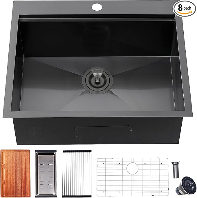 25 Inch Black kitchen Sink Drop in - 25"x22" Topmount Ledge Workstation Kitchen Sinks 16 Gauge Handmade Stainless Steel Single Bowl Sink with All Accessories for Kitchen Laundry Utility