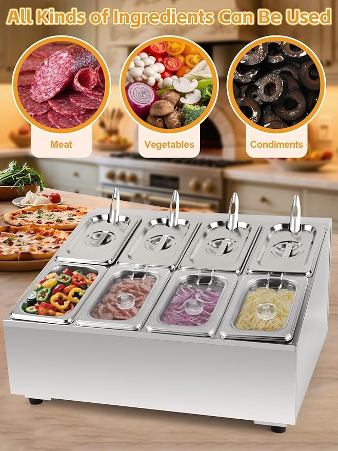 Lanstics Pizza Topping Station Pizza Storage Container Topping containers with Lids Spoon Condiment Organizers Buffet Containers Set for Restaurant Pizza Sauce Jam Fruit Ingredient Pantry (8 Pans)