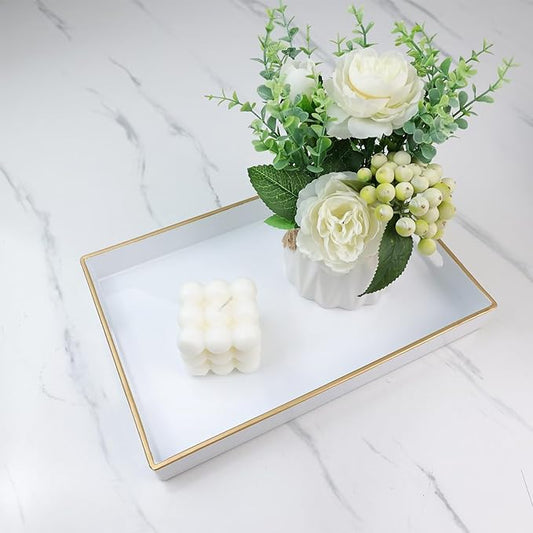 Spsyrine White Bathroom Vanity Tray with Handles for Dresser Tops, Countertop, Perfume Decorative Tray, 11.8” * 7.87” *1.37”