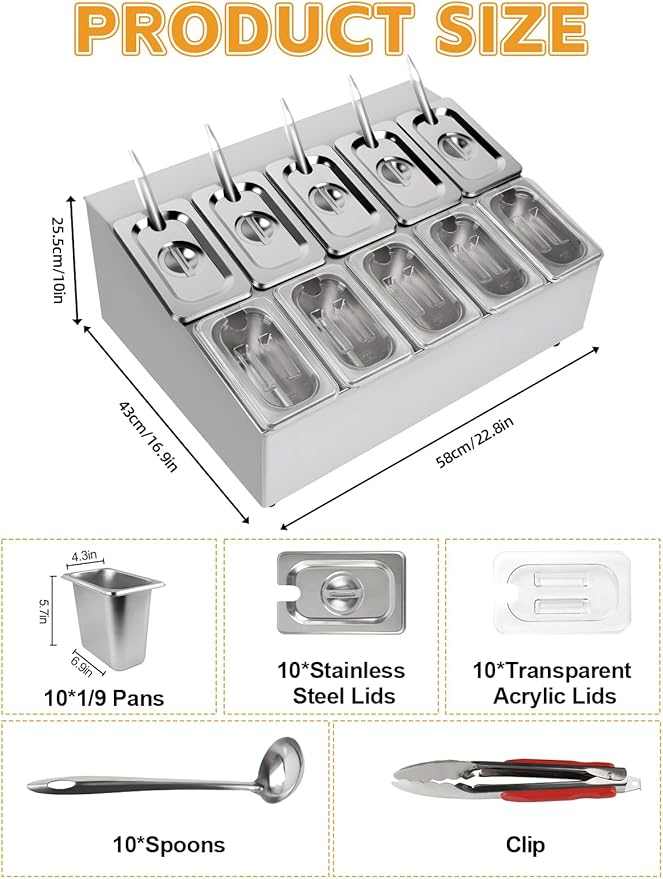 Lanstics Pizza Topping Station 10 Pans Pizza Storage Container Topping containers with Lids Spoon Condiment Organizers Buffet Containers Set for Restaurant Pizza Sauce Jam Fruit Ingredient