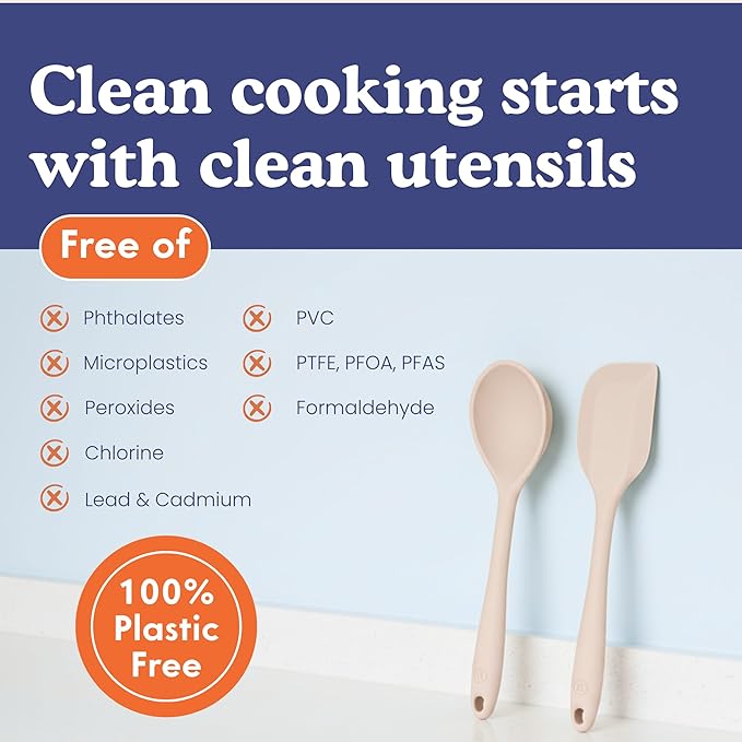 Non-Toxic Platinum Silicone Kitchen Utensil Set of 2 – Non-Scratch Cooking Spoon & Spatula, 100% Plastic Free, Stainless Steel Core, Heat Resistant 500°F, Beige