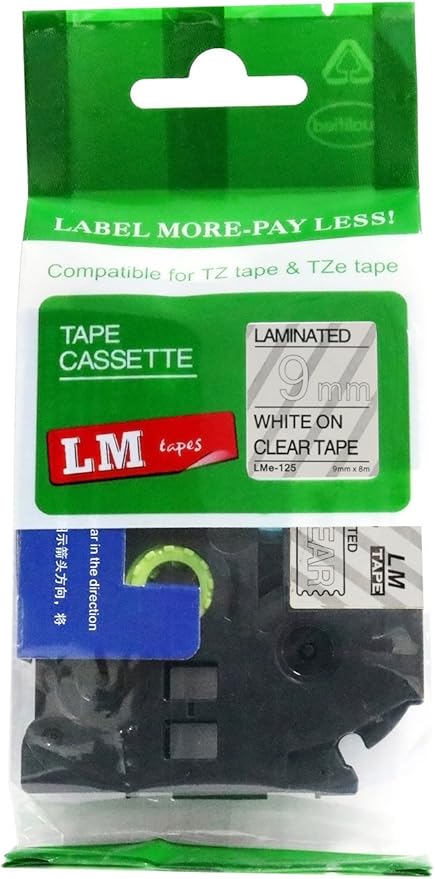 1/Pack LM Tapes - LMe125 Premium 3/8" White Print on Clear Label Compatible with P-Touch TZe-125 Tape and Includes Tape Color/Size Guide. Replaces TZ-125 9mm 0.35 Laminated.