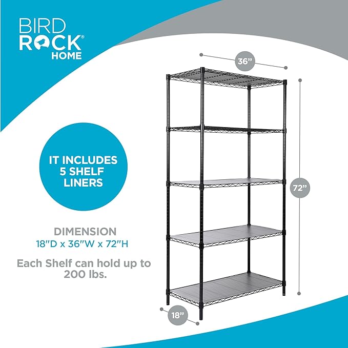 Internet's Best 5-Shelf Adjustable Wire Shelving with Shelf Liners | Heavy Duty Storage Rack | Metal Shelf for Garage, Restaurant, Industrial Use - Sturdy Steel Frame | Black | 36" W x 18" D x 72" H