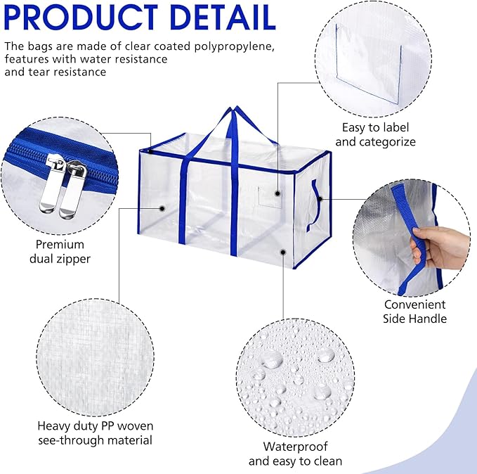 Aliceset 12-Pack Clear Moving Bags 90.84L Heavy Duty Extra Large Storage Totes with Reinforced Handles & Zippers, for Moving, College Dorm, Traveling(Royal Blue)