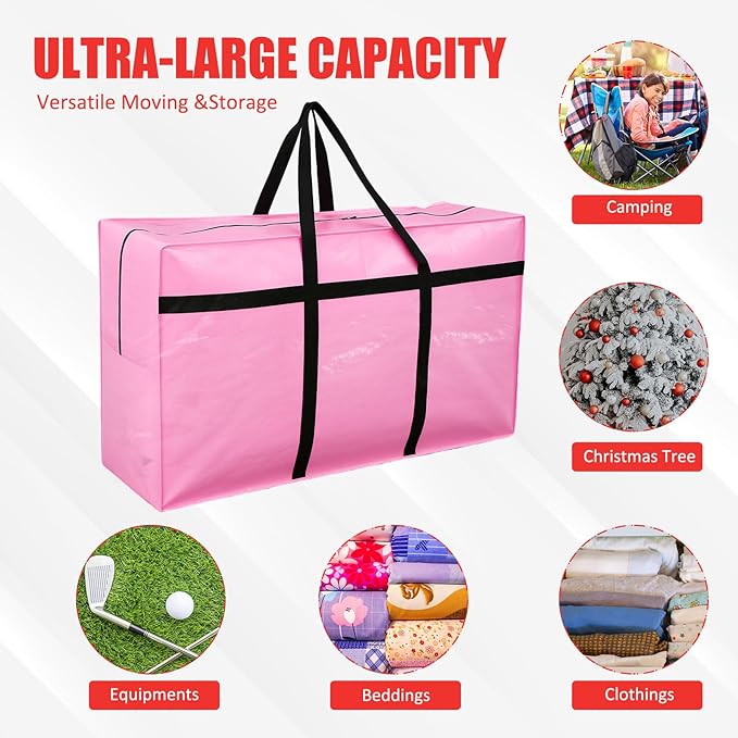 4 Pcs 66 Gallon Extra Large Moving Bags Heavy Duty Storage Bag with Strong Zipper Handle Foldable XXL Jumbo Storage Tote Packing Moving Box for College Dorm Travel Cloth Duffle (Pink)
