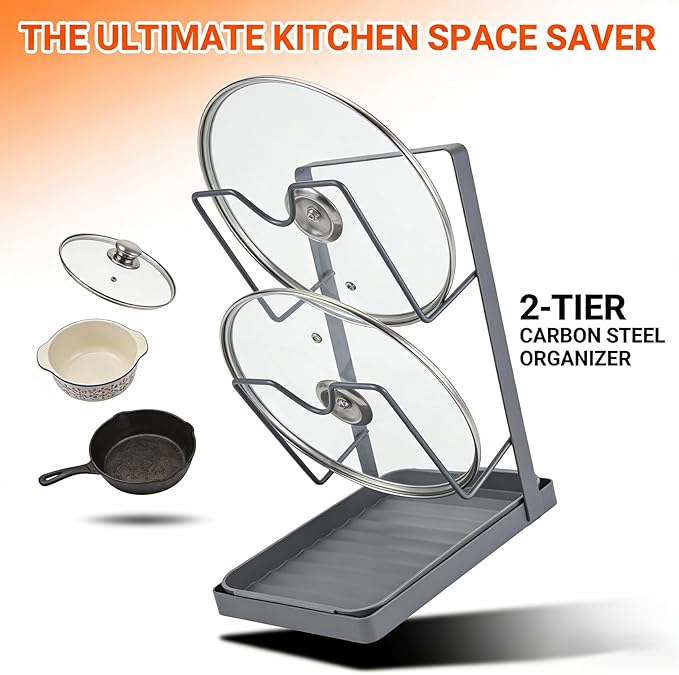 90S Multifunctional Pot Lid Organizer for Countertop -RustProof Metal Pot Cover Rack with Removable Drip Tray, Vertical Drying Stand for Cutting Boards, Spoons, and Lids, Heat Resistant, Gray
