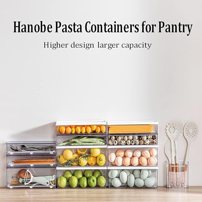 Hanobe Pasta Containers for Pantry Large Spaghetti & Noodle & Lasagna Canister 2 Pcs Clear Grey Rectangular Canister with Lock Lids Durable BPA-Free Plastic Food Keeper for Fridge Kitchen Cabinet