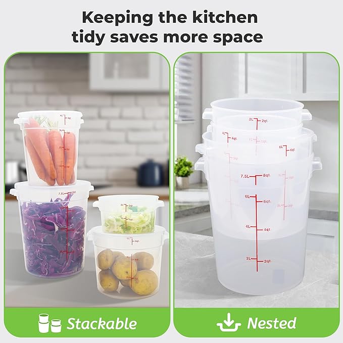 BIEAMA 4 Pack Round Food Storage Containers with Lids, 18Qt Translucent Commercial Food Container, Polypropylene, BPA Free, Includes Labels & Measuring Cups