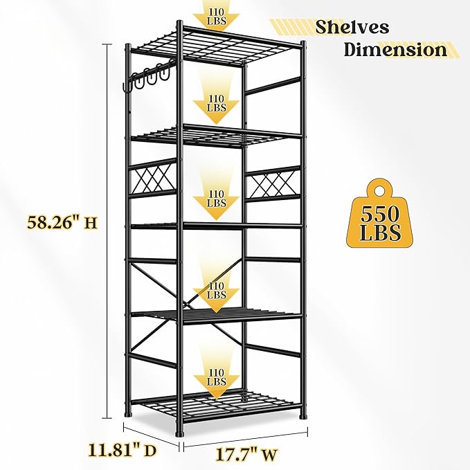 5-Tier Storage Shelves,Sturdy Metal Shelving Unit with Hooks,Wobble-Free Storage Rack with Leveling Feet,Slim Standing Shelf Organizer for Garage Kitchen Pantry,17.7”W×11.8”D ×58.3”H,Black