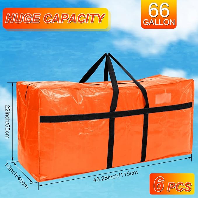 4 Pcs 66 Gallon Extra Large Moving Bags Heavy Duty Storage Bag with Strong Zipper Handle Foldable XXL Jumbo Storage Tote Packing Moving Box for College Dorm Travel Cloth Duffle (Orange)