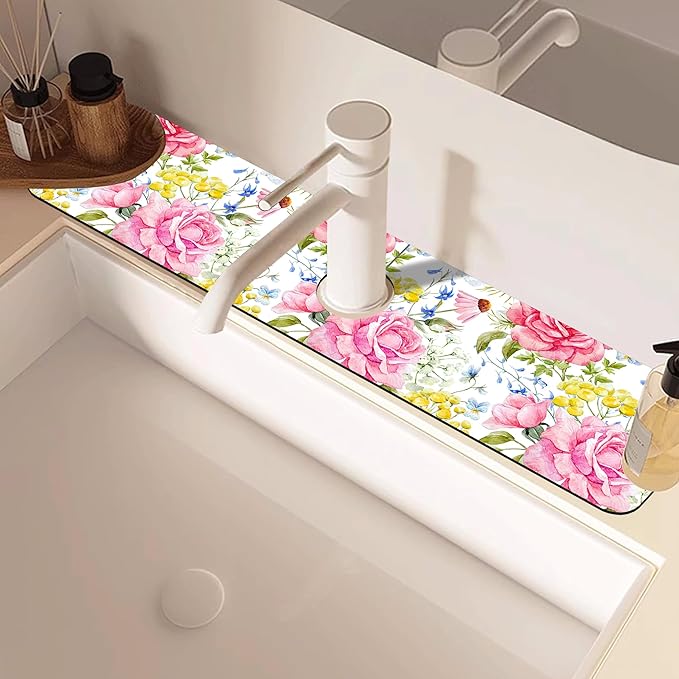 Watercolor Light Pink Floral Dish Drying Mat for Kitchen Sink Splash Guard Behind Faucet Sink Mat Absorbent Fast Drying Faucet Draining Mat for Bathroom Kitchen 5.5"×24"