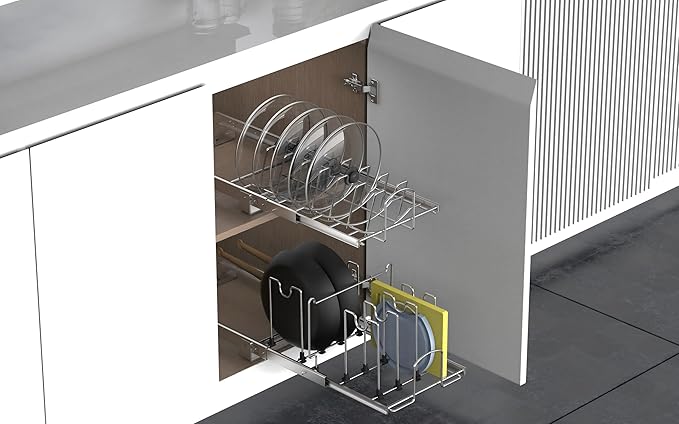 STORKING Slide Out Pan and Pot Lid Organizer For Under Cabinet, Wire Dividers Kitchen Pull Out Pot Lid Rack Organization And Storage, Full-Extension Rail, 12" W X 20" D