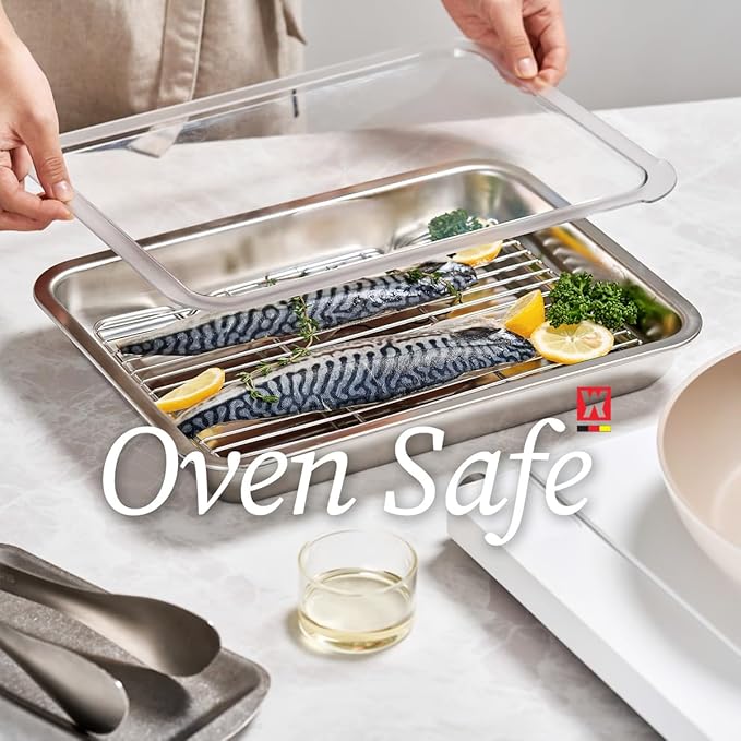 Stainless Steel Food Prep Pan Set with Rack & Transparent Lid, Casserole Dish, Roasting Pan for Oven, Buffet or Marination Use(No.3)