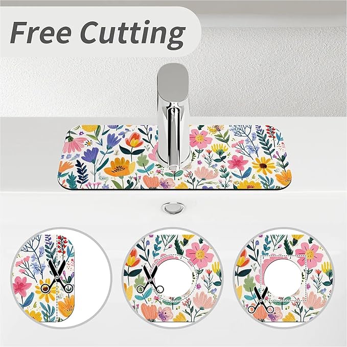 Kitchen Sink Splash Guard，Cute spring floral Faucet Mat Sink Gadgets-Super Absorbent Fast Drying Mat Drip Catcher for Kitchen, Bathroom,Sink Mat, Dish Drying Mat, Bathroom(15" X 5.5" )