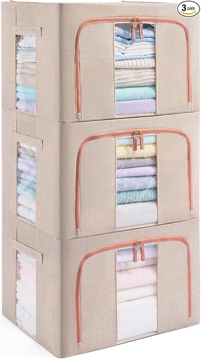 GuliPostan 3 Pack 66L Stackable Clothes Storage Bins with Metal Frame Handles & Zipper, Collapsible Closet Organizer Box with Lid for Bedding Blankets Towel (Beige)