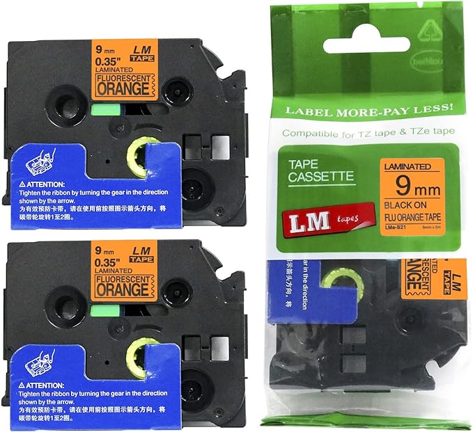 2/Pack LM Tapes - LMeB21 Premium 3/8" Black Print on Bright Orange Label Compatible with P-Touch TZeB21 Tape and Includes Tape Color/Size Guide. Replaces Ptouch TZB21 9mm 0.35 Laminated.