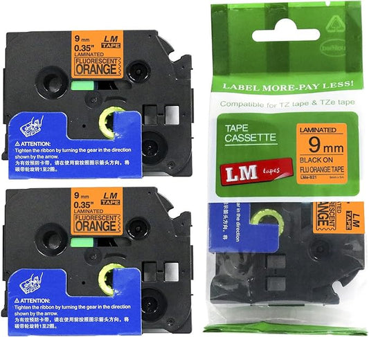 2/Pack LM Tapes - LMeB21 Premium 3/8" Black Print on Bright Orange Label Compatible with P-Touch TZeB21 Tape and Includes Tape Color/Size Guide. Replaces Ptouch TZB21 9mm 0.35 Laminated.