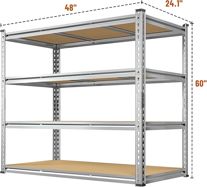 Galvanized Garage Shelving Load 2600LBS, 4-Tier Storage Shelves, Adjustable Garage Storage Shelves, Industrial Shelving, Metal Shelf for Basement, Warehouse, Kitchen, 48" W x 60 "H x 24.1" D