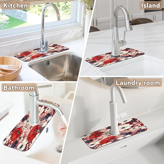 Red White Floral Bliss Kitchen Faucet Mat Splash Guard, 15.4”x5.7” Absorbent Quick Drying Sink Mat for Countertop Protection, Draining Mat Sink Protectors For Kitchen Bathroom, 2 Pack