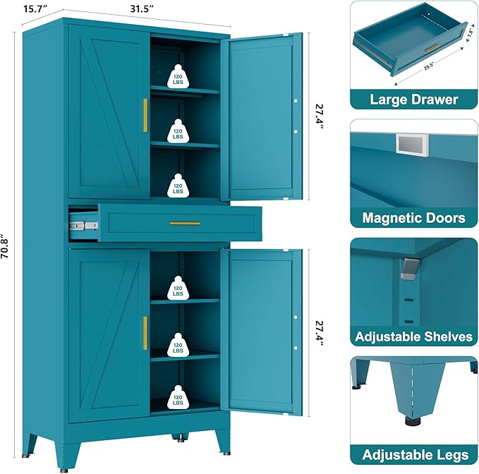 LCAOPC 71" Tall Pantry Storage Cabinet with Drawer and Adjustable Shelves, Freestanding Tall White Kitchen Cupboard Storage Cabinet for Kitchen,Dining Room, Living Room, Blue