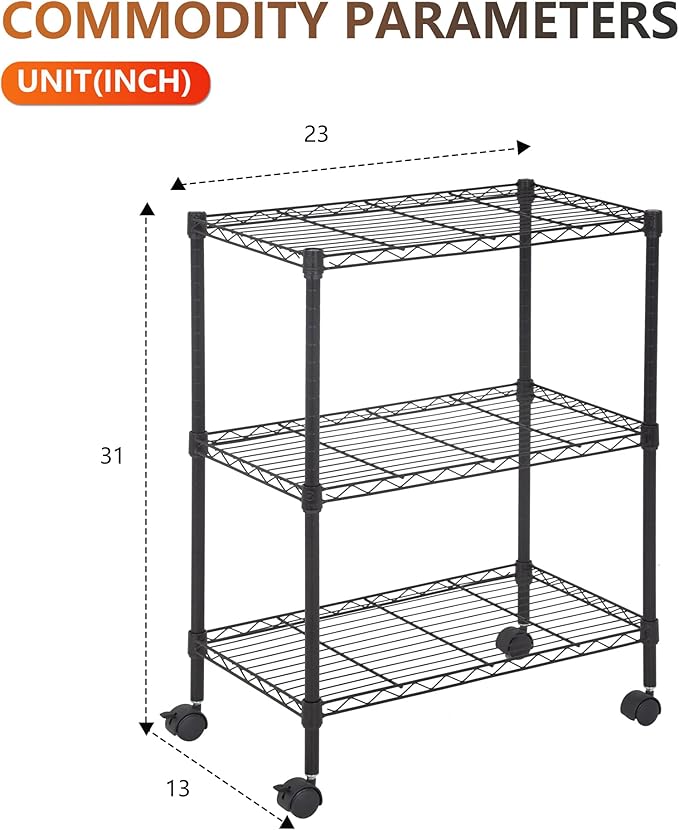 BestOffice | 3-Tier Wire Storage Shelves with Wheels | 23x13x31 | Black | Adjustable Racks | Heavy-Duty Metal Shelf, Holds Upto 170 lbs | No-Tool Assembly | Ideal for Home & Garage Shelving