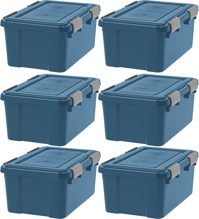 IRIS USA WeatherPro 19 Qt Eco-Friendly Storage Bins with Lids, 6 Pack, BPA-Free Plastic Gasket Box with Tight Latch and Seal, Stackable Nestable Tote Tub - Navy
