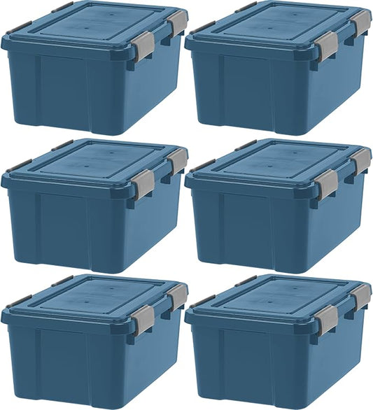 IRIS USA WeatherPro 19 Qt Eco-Friendly Storage Bins with Lids, 6 Pack, BPA-Free Plastic Gasket Box with Tight Latch and Seal, Stackable Nestable Tote Tub - Navy