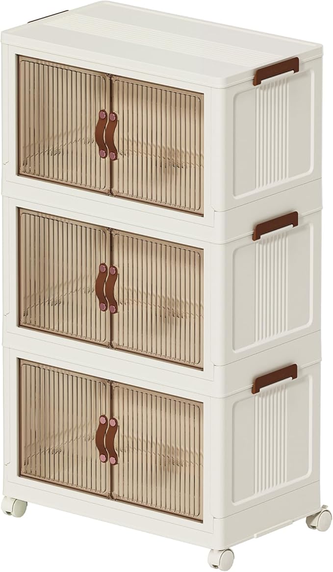 Collapsible Storage Bins with Lids - Stackable Plastic Closet Organizers for Clothes, and Home Organization White (3-rack, 17 Gal/rack)