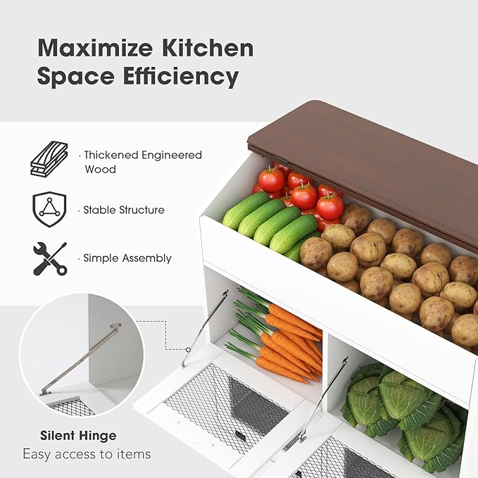 Patiorama Wood Potato and Onion Storage Bin Box, Large Vegetable Storage Box w/Lid,Wooden Bread Storage Bin w/4 Mesh Doors,Movable Bottom Drawer, Farmhouse Potato Storage Bins for Kitchen Pantry White